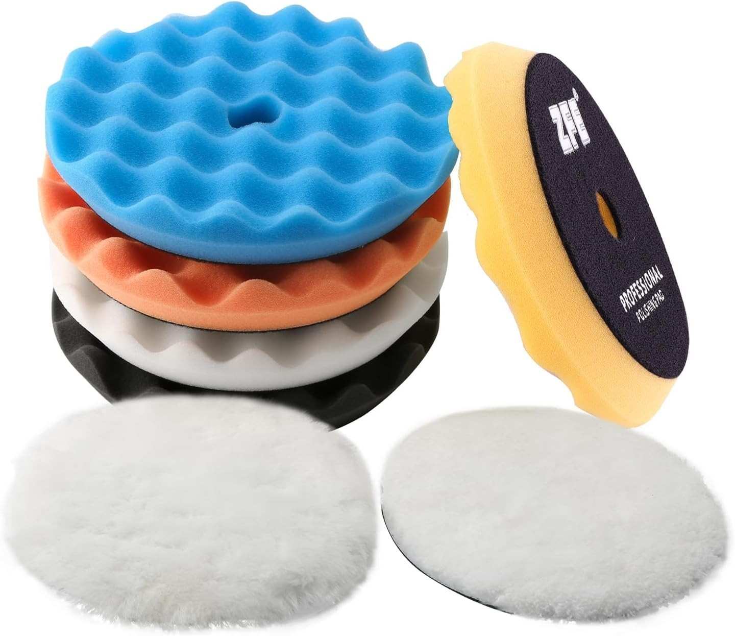 Kit 7 Peças Almofadas de Polimento ZFE 5" (125mm) Waffle e Lã para Polidor RO/DA/GA