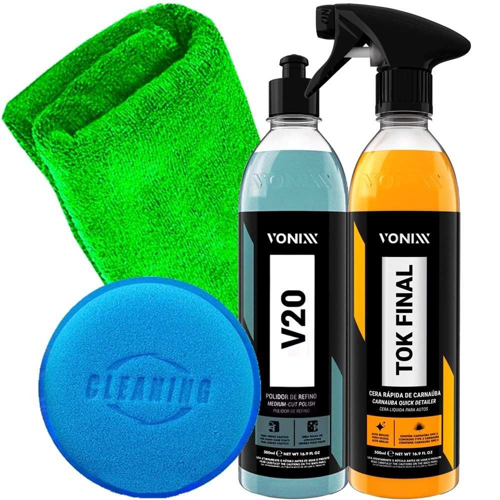 Kit Brilho Vonixx Tok Final Carnaúba V20: Polidor, Toalha e Aplicador para um Acabamento Impecável