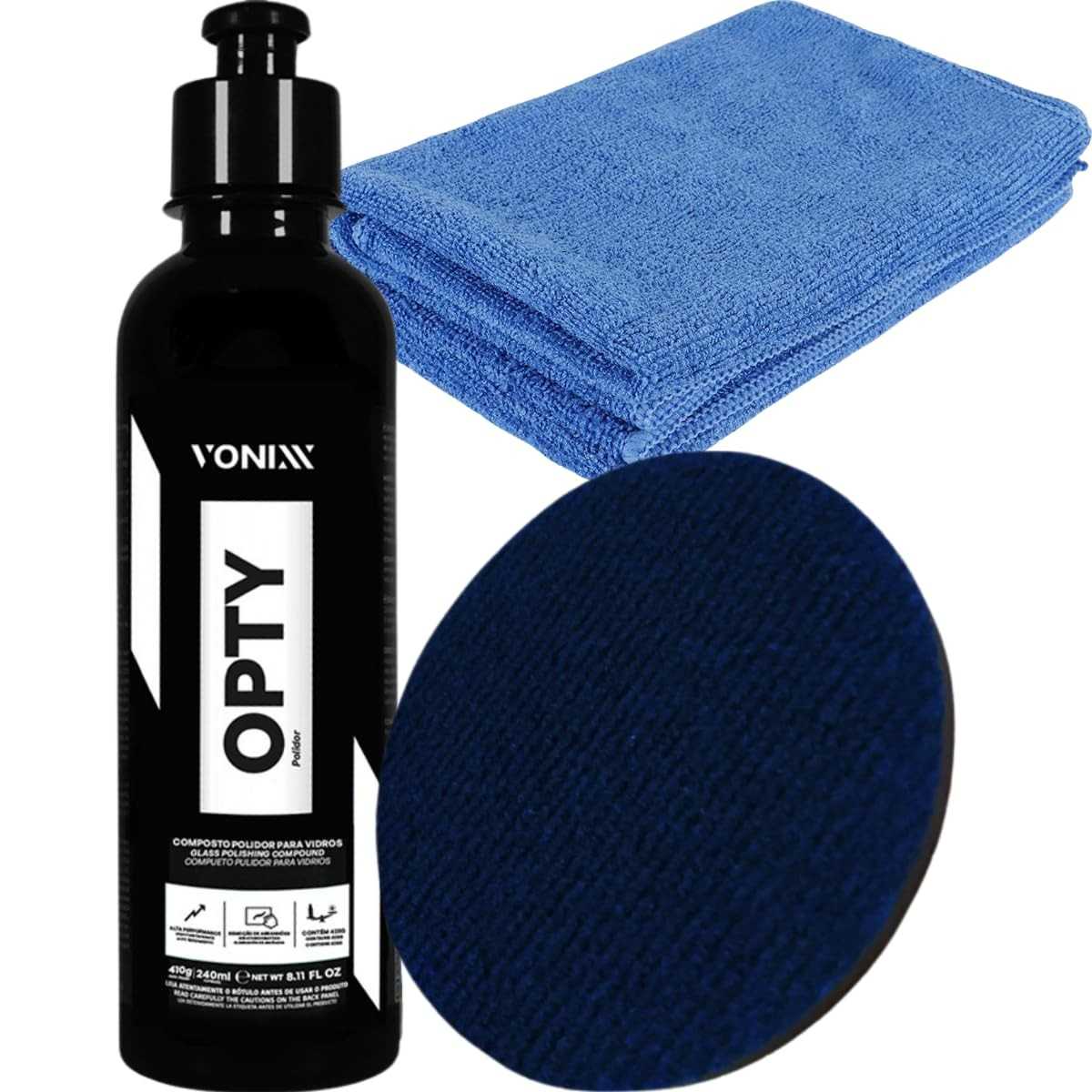 Kit Opty Polidor De Vidros Vonixx: Tira Riscos + Boina Carpete + Pano JS