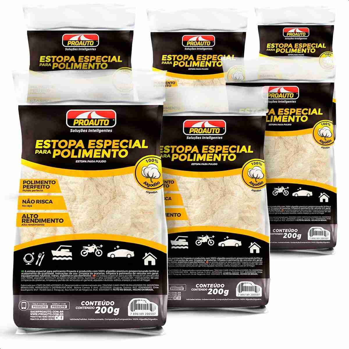 KIT 6 Estopas Especiais para Polimento em Algodão Branco Proauto 200g - Alta Performance