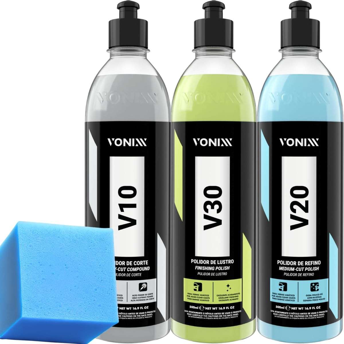 Kit Polimento Vonixx V10 Corte, V20 Refino e V30 Lustro: Brilho Profissional para Seu Veículo