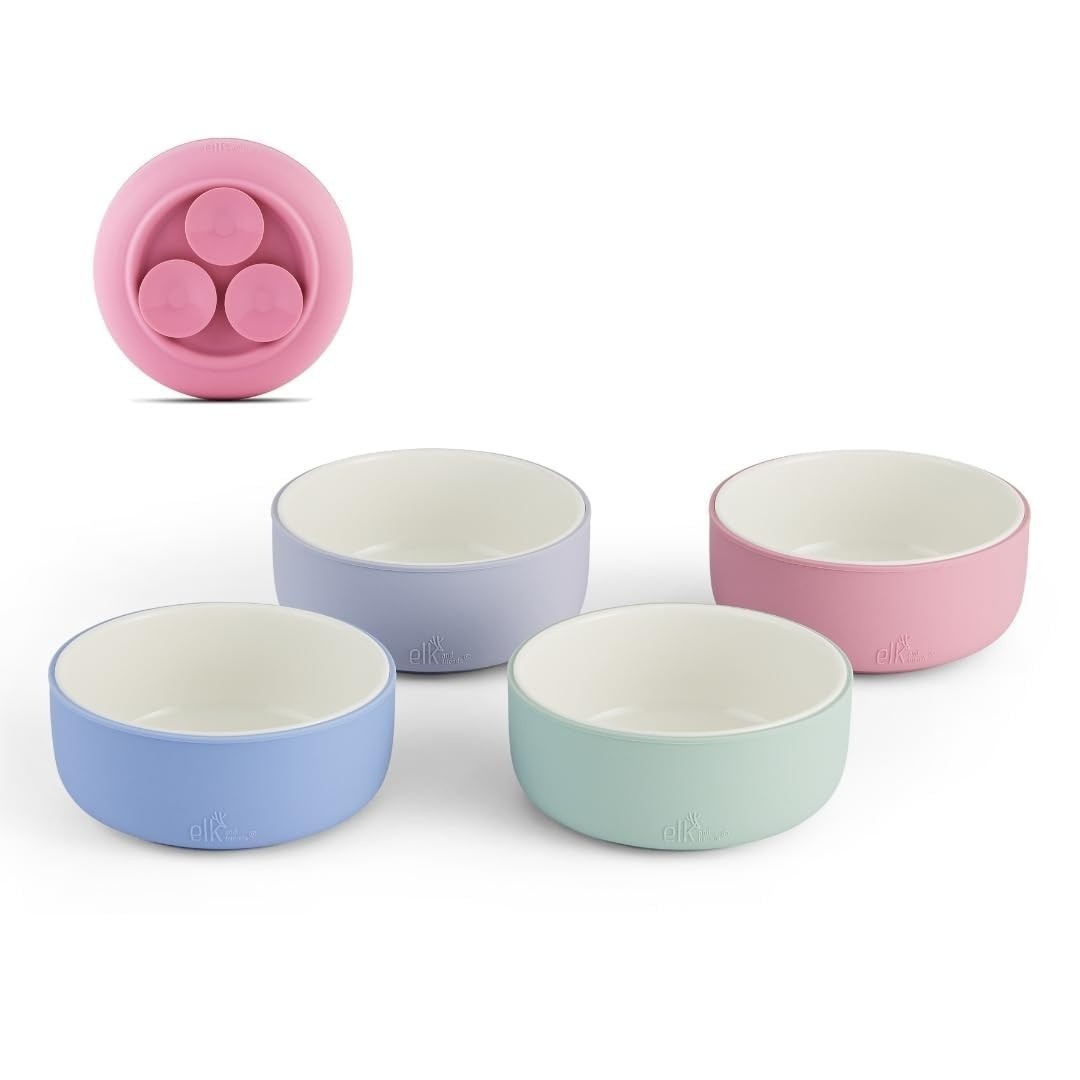 Tigelas de Porcelana com Sucção para Bebês - 4 Unidades com Manga de Silicone Anti-Derrapante