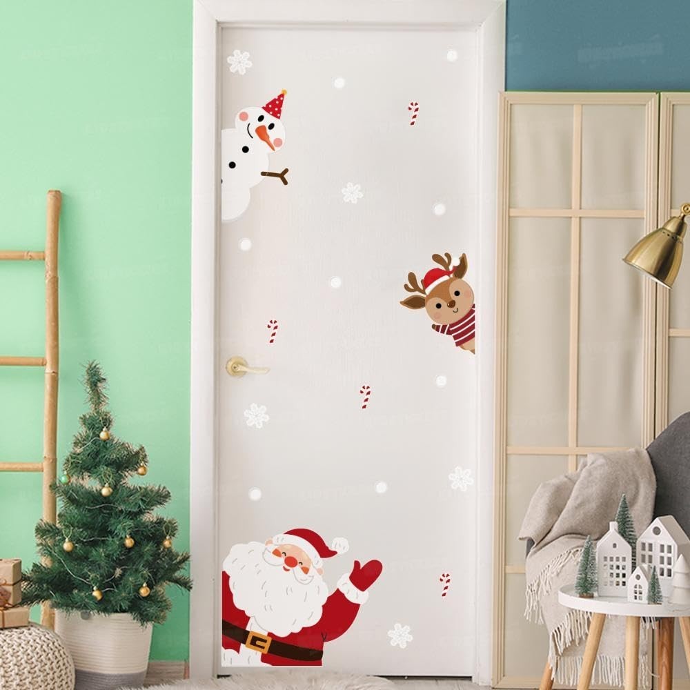 Adesivo Decorativo de Natal para Porta - Papai Noel, Rena e Boneco de Neve com Flocos e Doces
