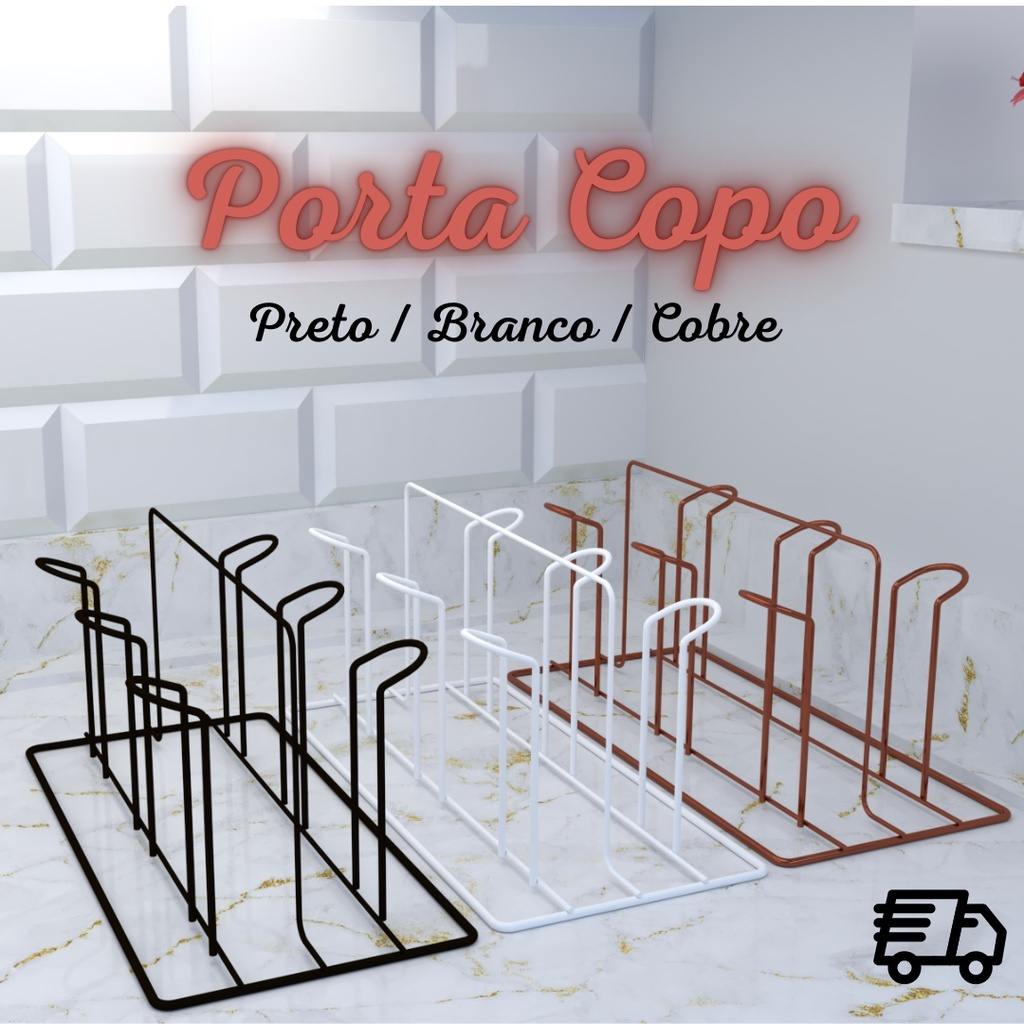 Porta Copos Escorredor 6 Copos – Ferro Aramado Cobre, Branco e Preto