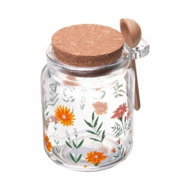 Porta Mantimento de Vidro com Colher de Bambu Flora 240ml – Prático e Estiloso