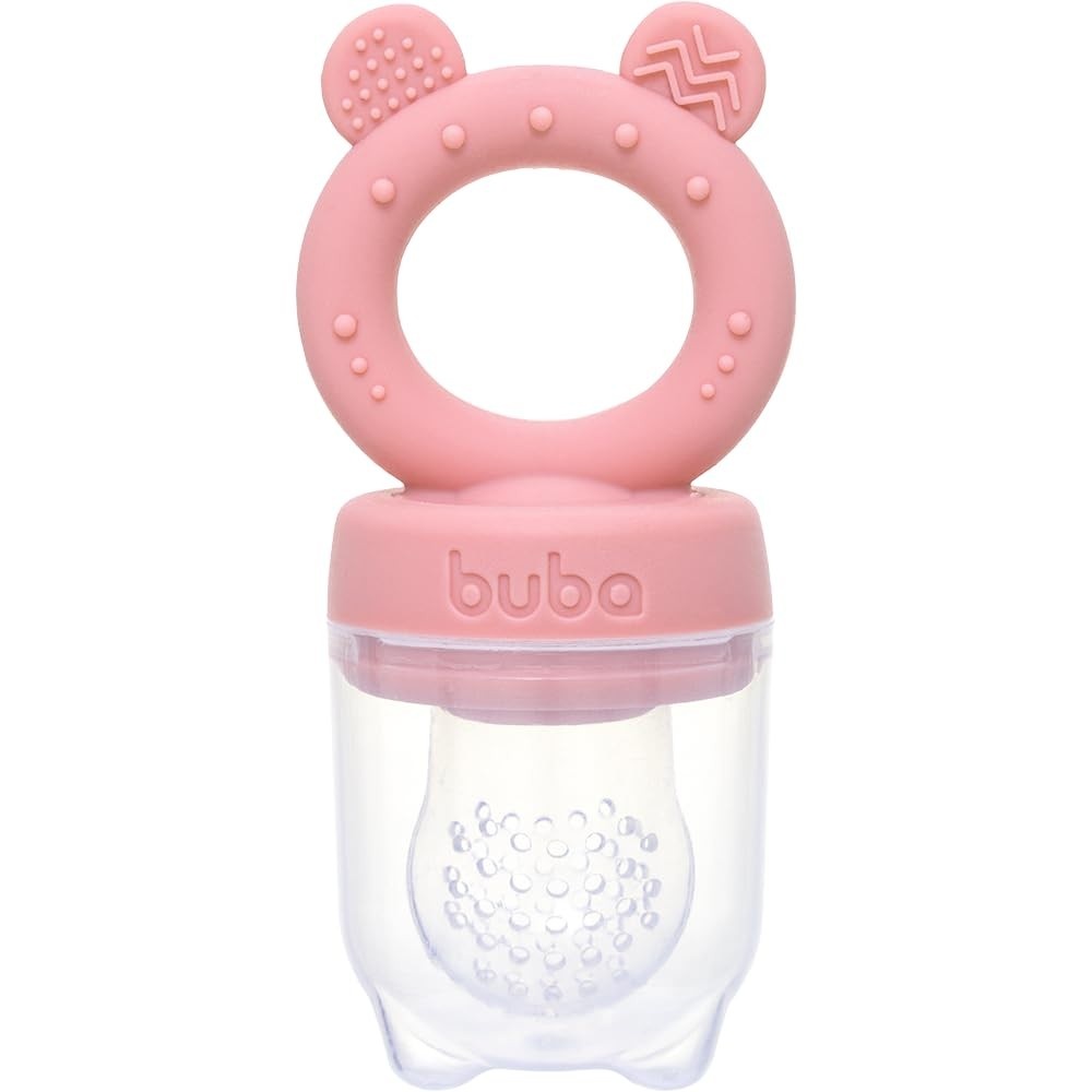 Porta-Frutinhas Silicone Ursinho Rosa - Seguro e Prático para Bebês a Partir de 6 Meses
