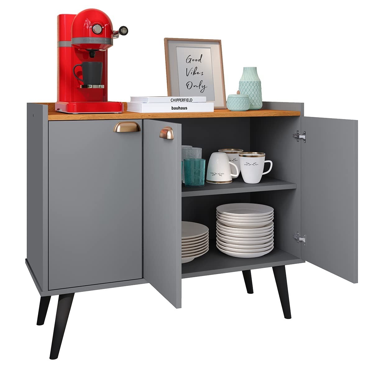 Aparador Balcão Buffet 3 Portas com Prateleira e Puxadores Concha - Design Elegante para Sala e Cozinha