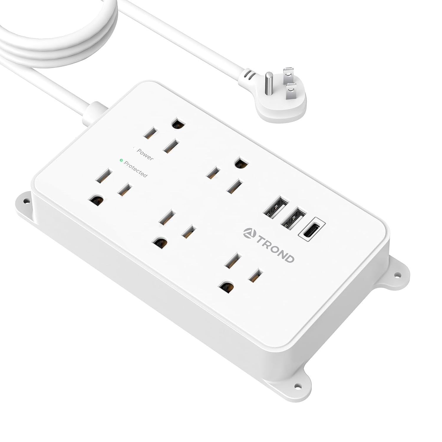 TROND Filtro de Linha com USB: 5 Tomadas + 3 Portas USB, Cabo 3m, Proteção 1300J, Plugue Plano e Montável na Parede (Branco)