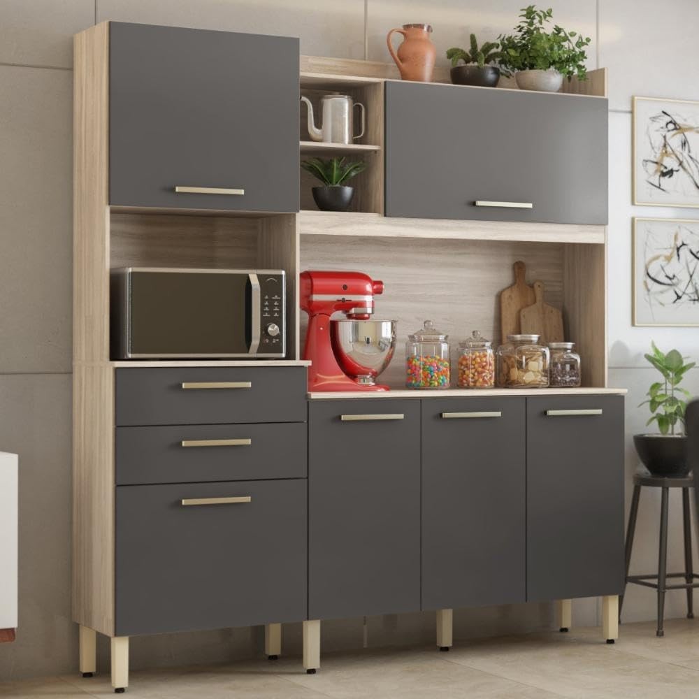 Armário de Cozinha 6 Portas 2 Gavetas Select Demobile Avena Grafito – Organize com Estilo e Funcionalidade