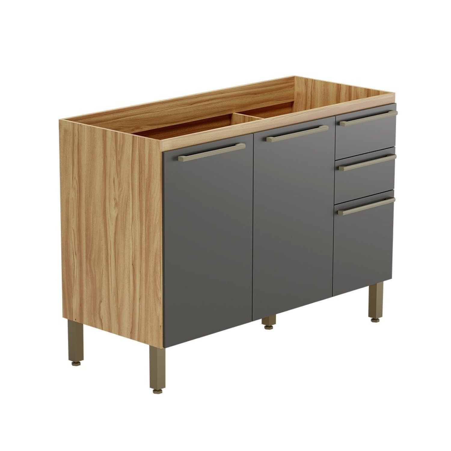 Balcão de Cozinha Itália 120cm com 3 Portas e 2 Gavetas em MDF Amêndoa/Chumbo