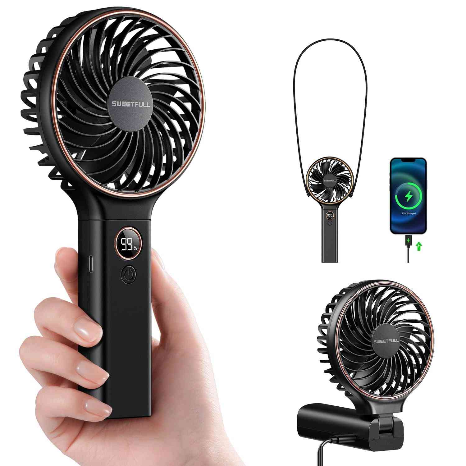 Ventilador Portátil SWEETFULL com Bateria 5000mAh, 6 Velocidades, Display LED e Função Power Bank - Ideal para Viagens