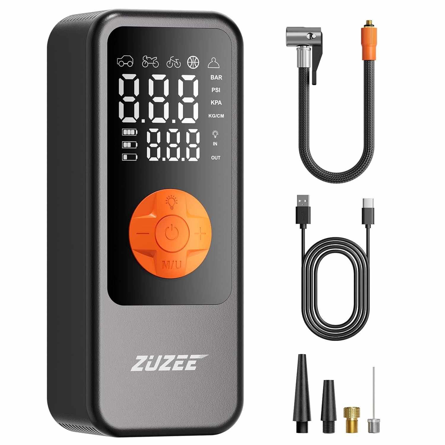 Compressor de Ar Portátil ZUZEE: Inflador de Pneu 4x Mais Rápido com Bateria de Alta Capacidade e Medidor Digital