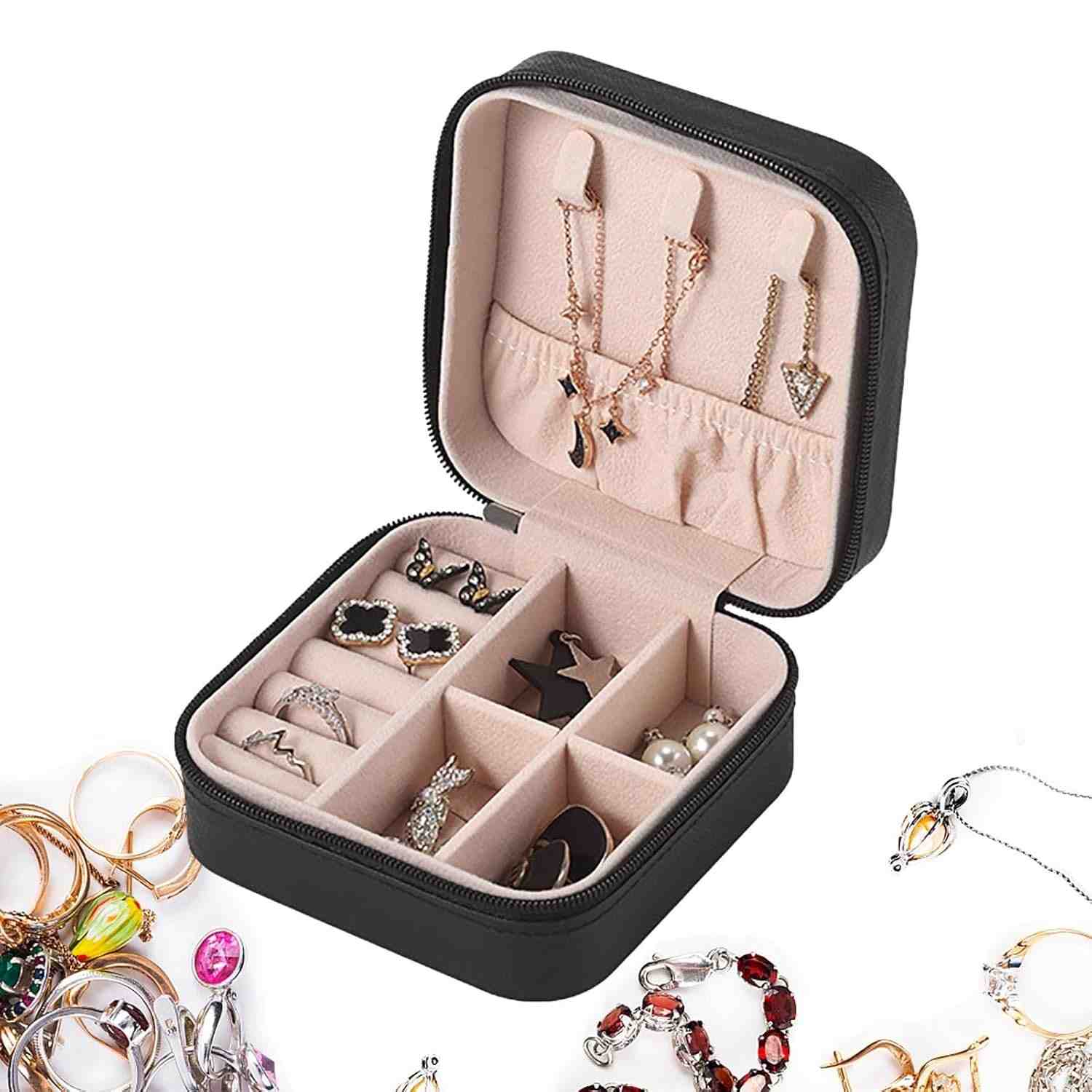 Porta-Jóias Portátil Luxo | Organizador de Jóias para Viagem com Zíper - Colares, Brincos, Anéis e Pulseiras