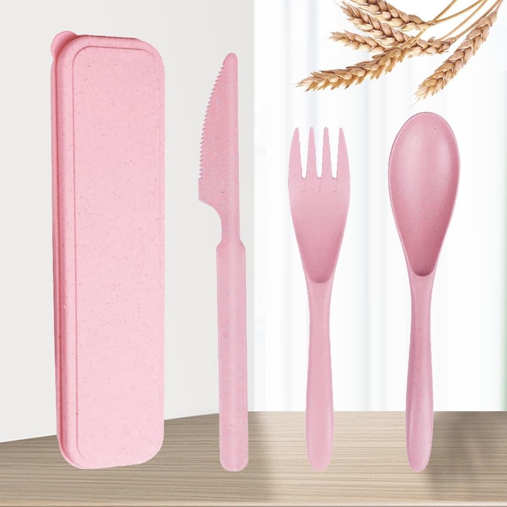 Conjunto de Talheres Reutilizáveis Rosa com Estojo Portátil | Eco-Friendly para Viagens e Piqueniques