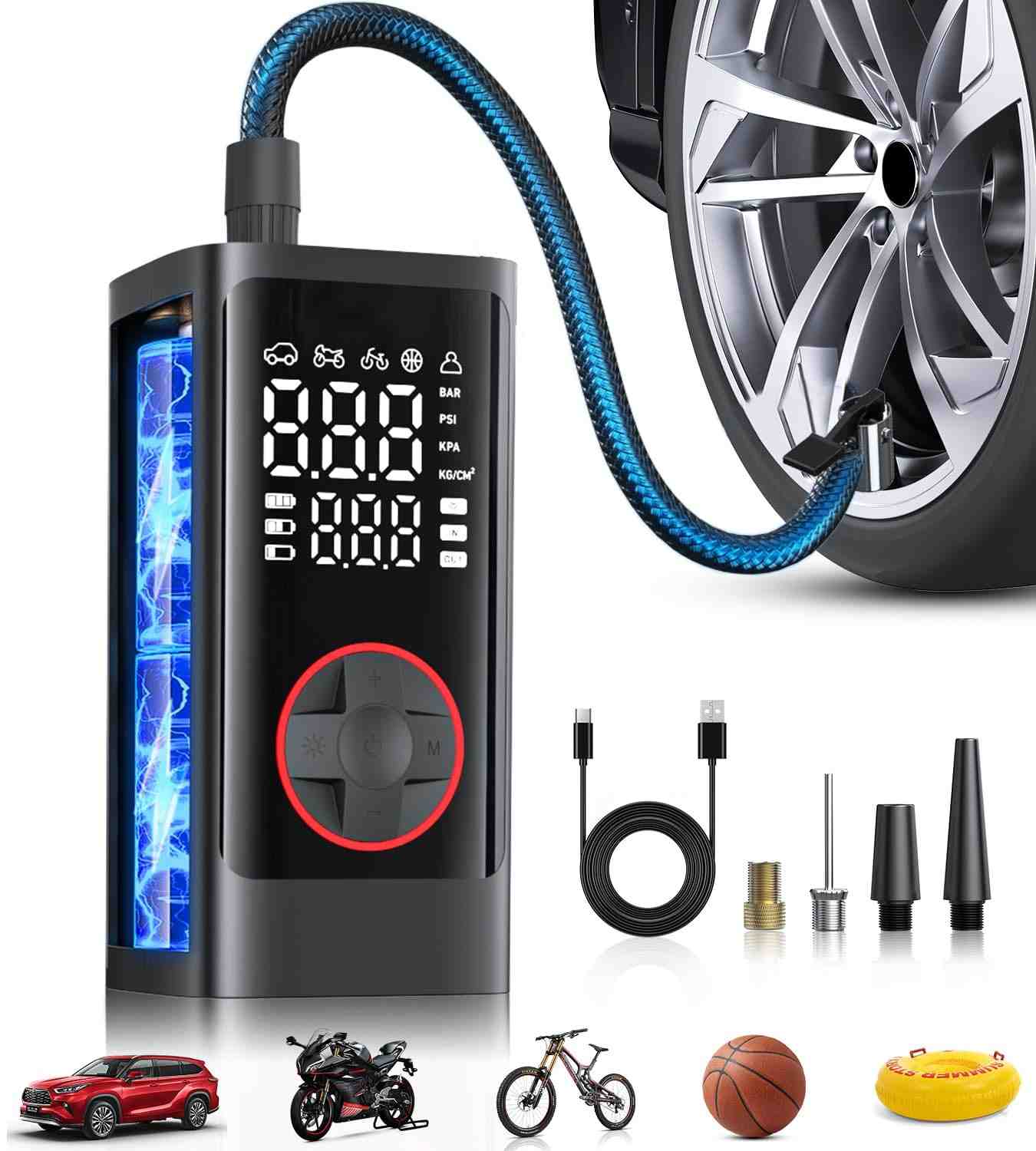 Compressor de Ar Portátil 150PSI: Inflador Sem Fio para Pneus de Carro, Moto e Bicicleta com Medidor e Luz LED