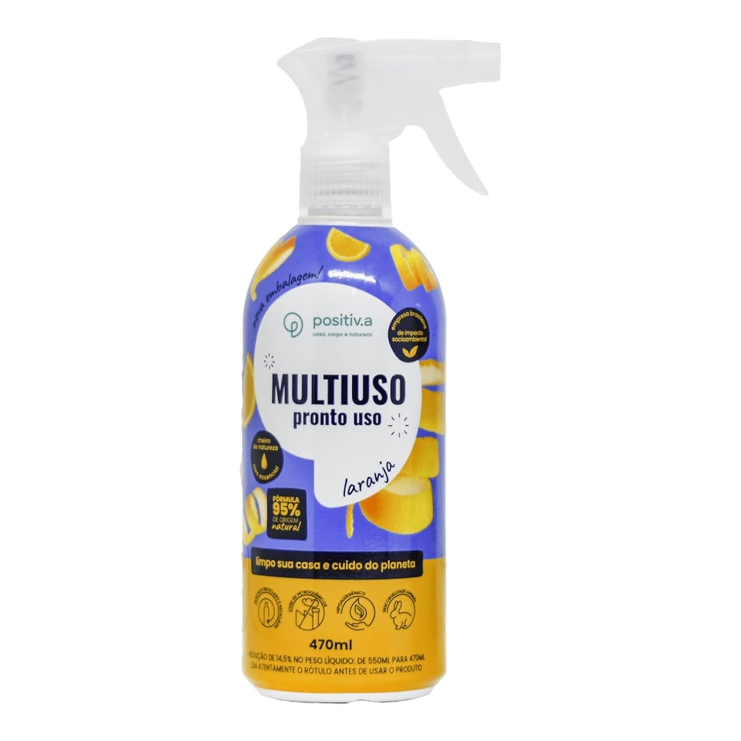 Limpador Multiuso Pronto Uso Laranja 470ml Positiv.a - Hipoalergênico e Natural