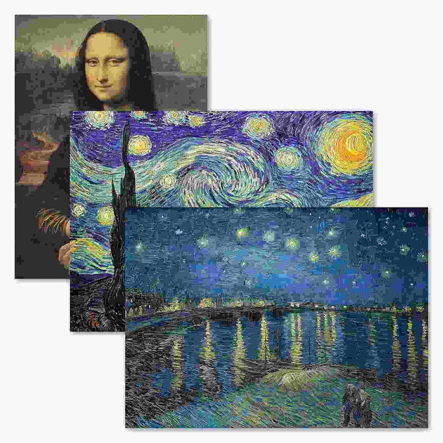 Pacote com 3 Pôsteres de Obras de Arte Clássicas - Mona Lisa, Noite Estrelada e Sobre o Ródano - Impressões Laminadas 45,72x61cm