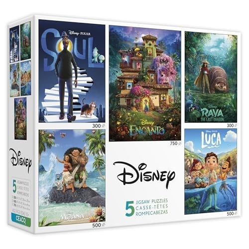 Ceaco Disney Movie Posters - Quebra-Cabeças 5 em 1 com Encanto, Moana, Luca, Soul e Raya - 300, 500 e 750 Peças