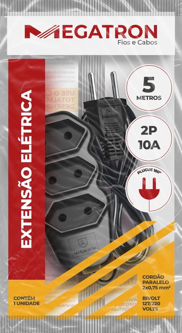 Extensão Elétrica 3 Tomadas 5m Preto - Potência e Segurança para Sua Casa