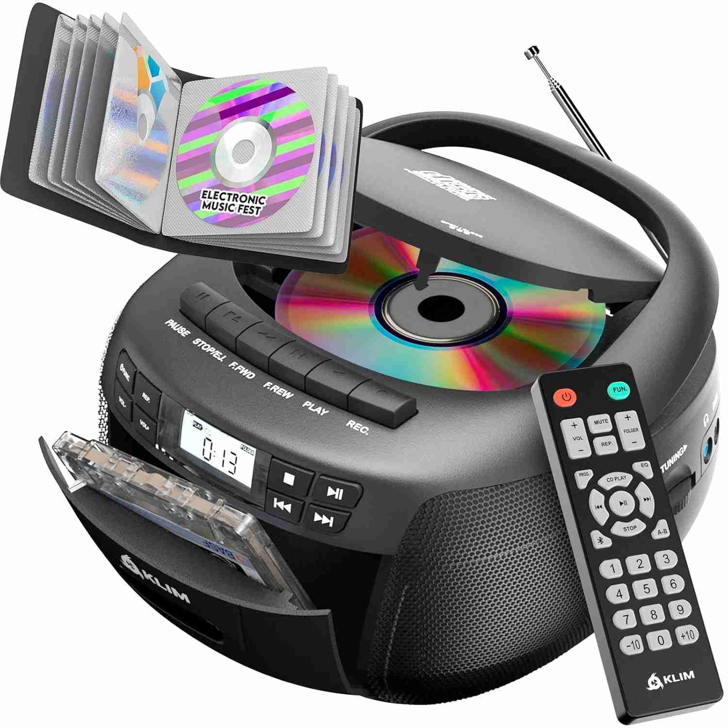 KLIM Boombox Bluetooth: Leitor CD/Cassete, Rádio AM/FM, USB e Som Estéreo Potente