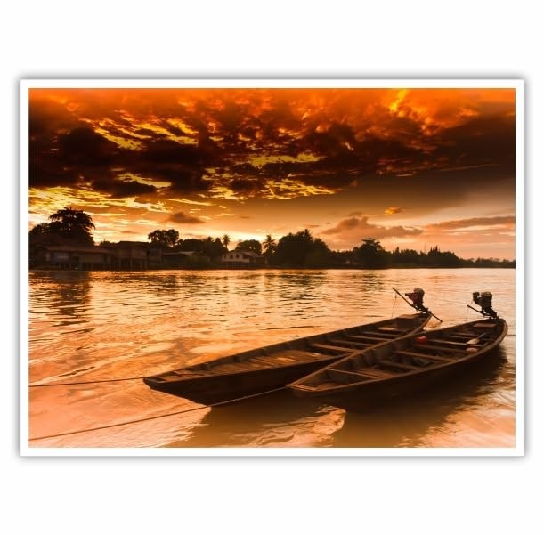 Quadro Decorativo Paisagem de Barcos na Praia - Moldura Branca em Madeira FSC