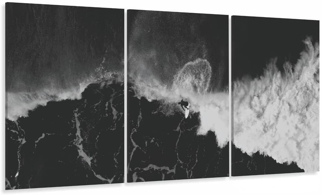 Quadro Decorativo Em Tecido Surf Preto e Branco - Ondas Praia para Sala e Quarto