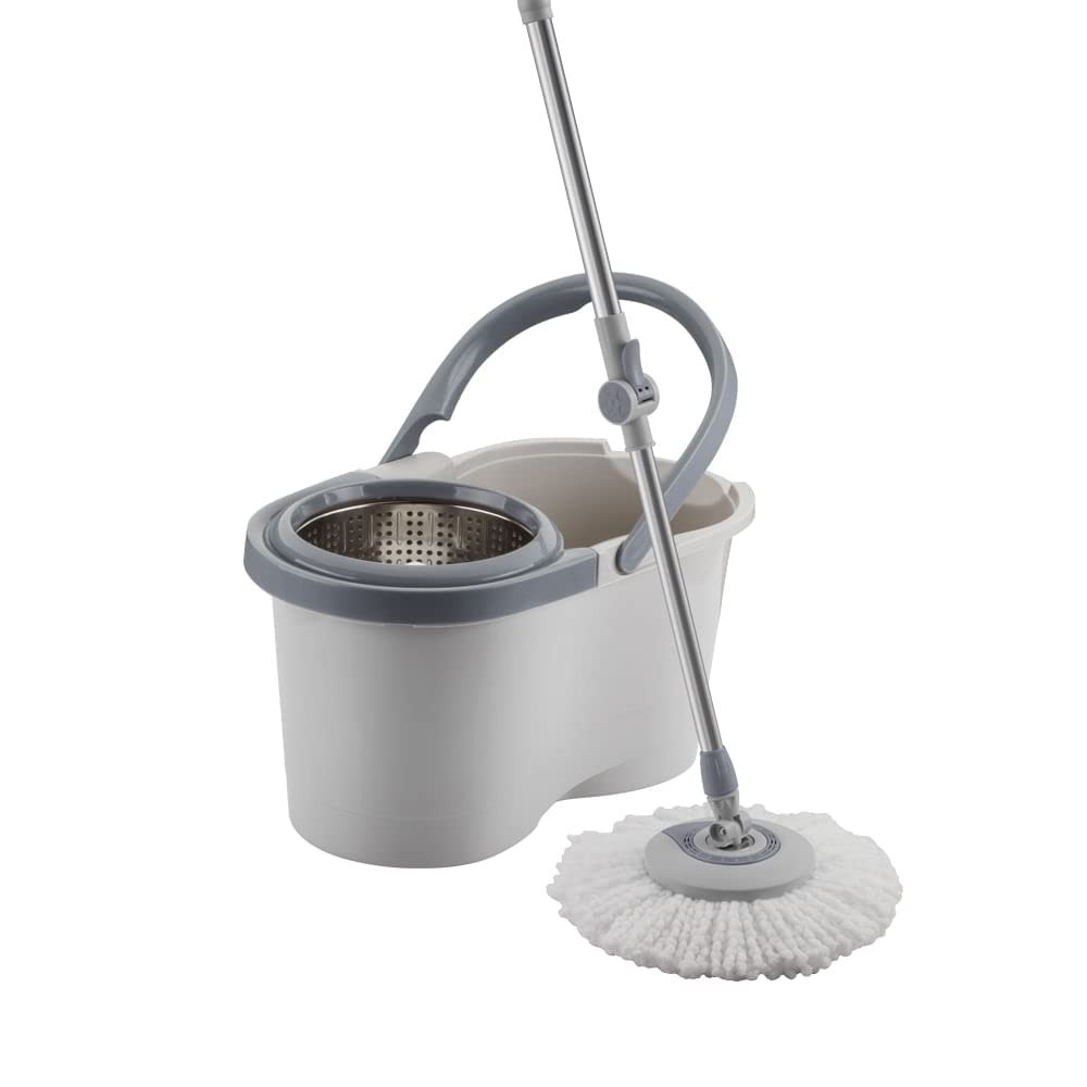 Mop Giratório Inox Menalux com Refil Extra de Microfibra Cinza - Limpeza Prática e Sem Contato