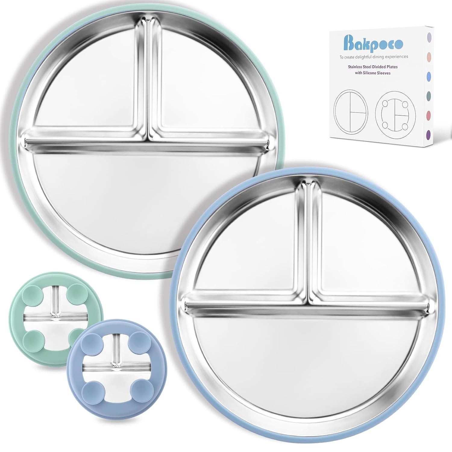Prato Infantil com Sucção em Aço Inoxidável 304 - Pratos Divididos com Mangas de Silicone Removíveis, Antiderrapante e Livre de BPA