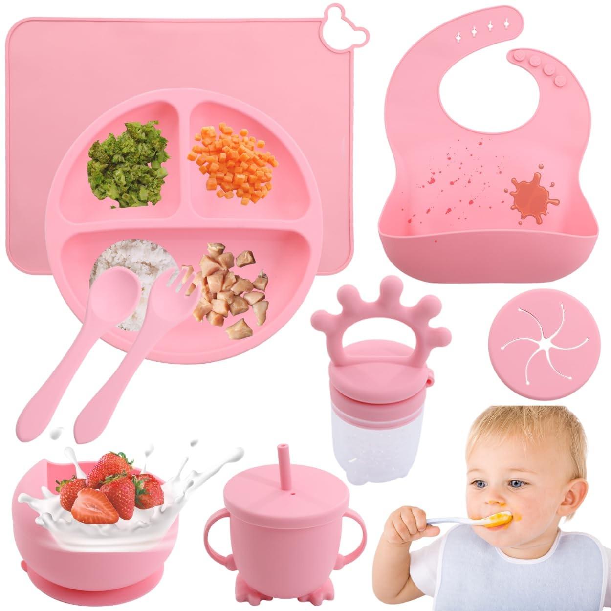 Kit Alimentação Bebê Rosa - 10 Peças em Silicone Premium com Talher, Chupeta e Babador