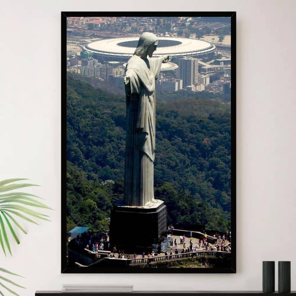 Quadro Decorativo Rio de Janeiro Cristo Redentor Maracanã A4 23x33cm - Moldura Premium Madeira