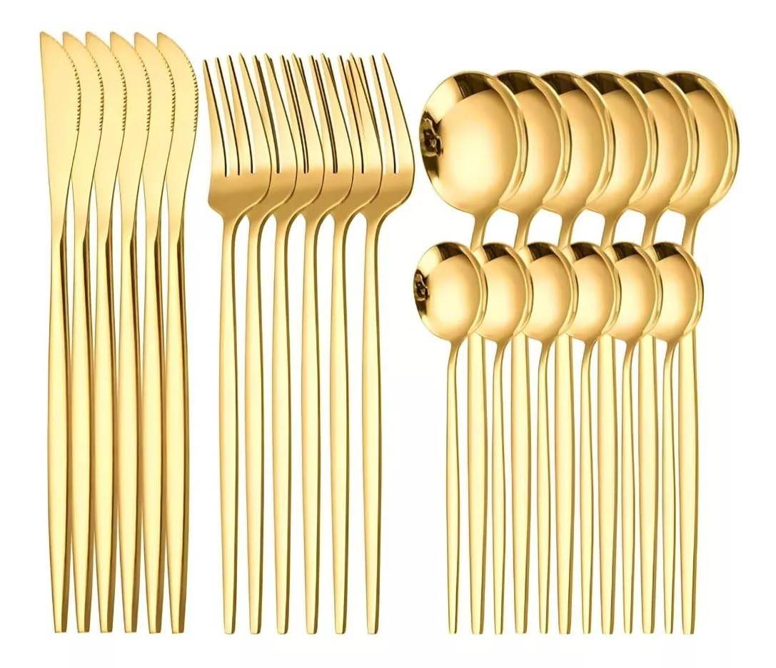 Conjunto de Talheres 24 Peças Dourado Premium - Aço Inoxidável com Design Moderno