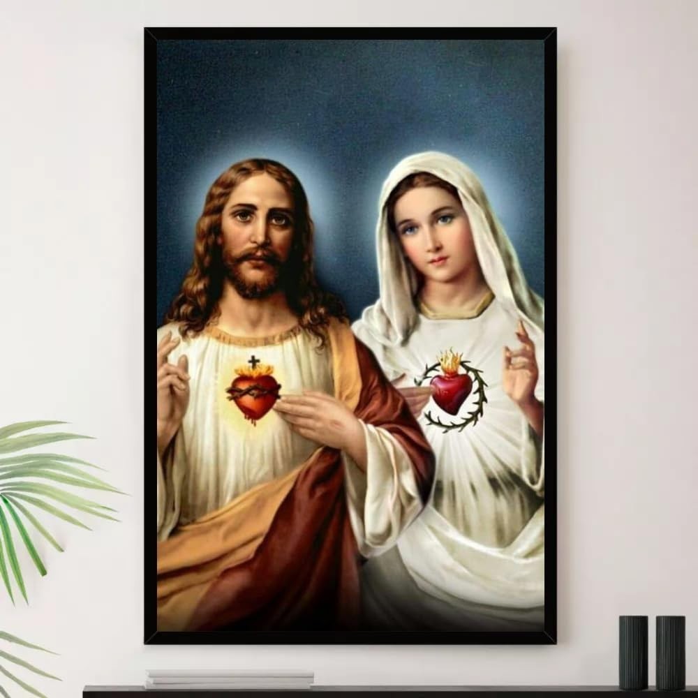 Quadro Jesus Cristo e Nossa Senhora A3 35x45cm - Moldura Premium Madeira Reflorestada