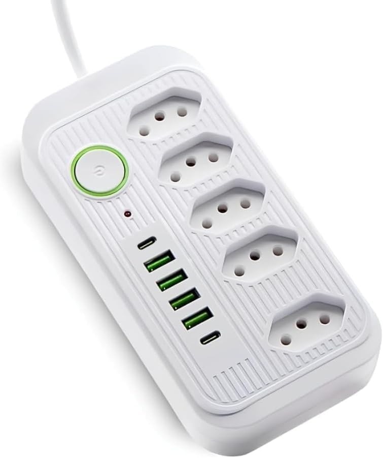 Régua de Energia Premium: 5 Tomadas, 6 USBs (C/PD), Proteção e Design Elegante