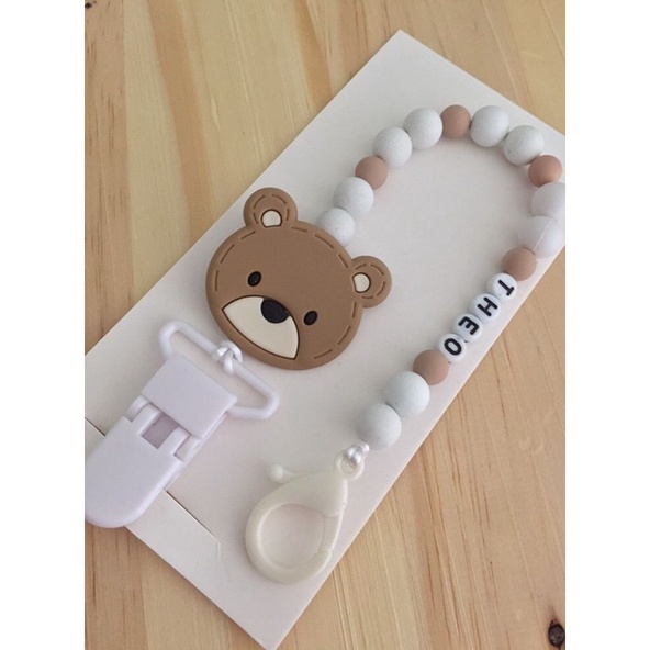 Prendedor de Chupeta Urso Branco Personalizado com Nome