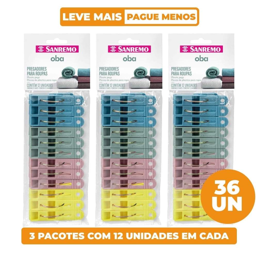 Prendedores de Roupa Oba Sanremo: Kit 36 Unidades