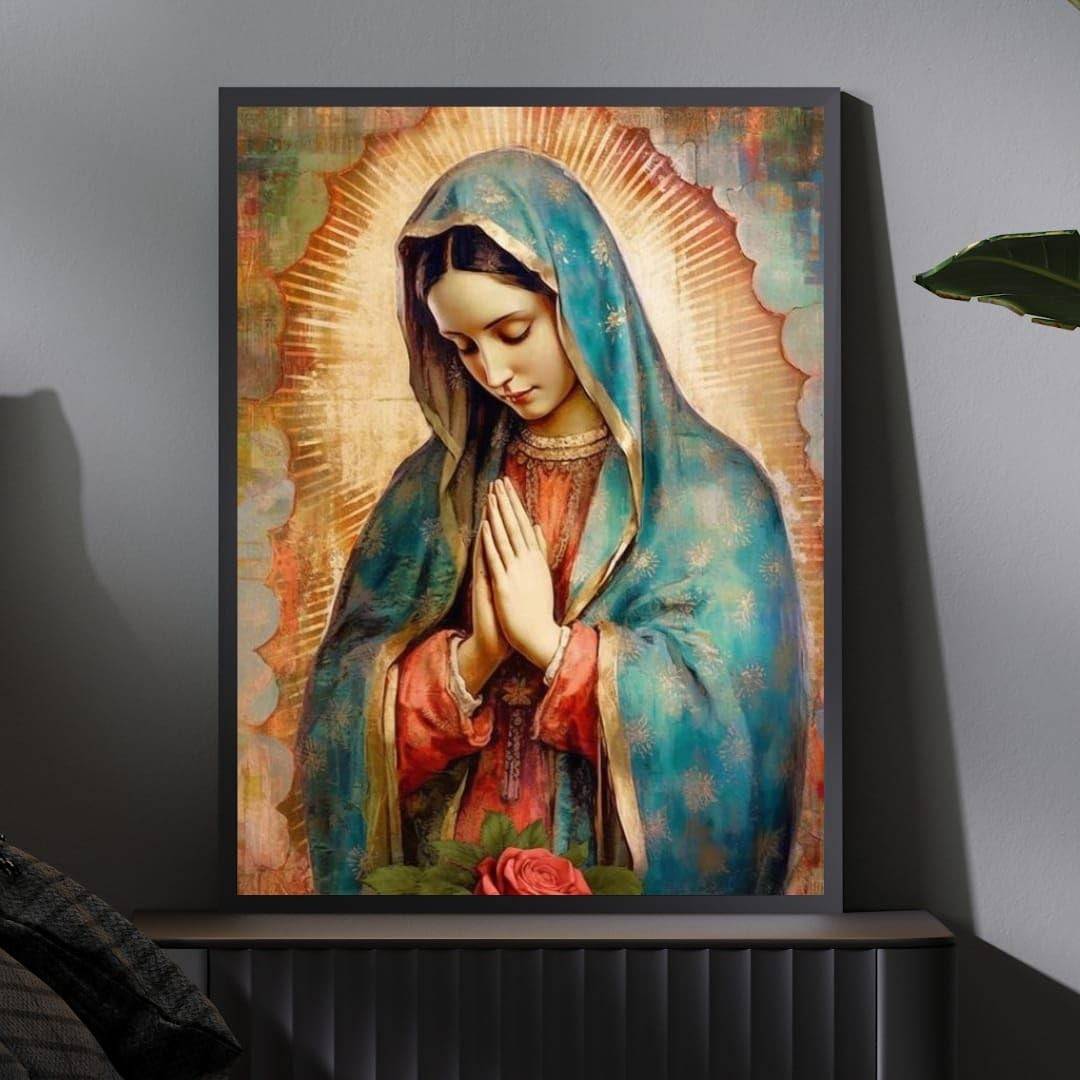 Quadro Devocional Nossa Senhora de Guadalupe - Arte Católica com Moldura Preta A3