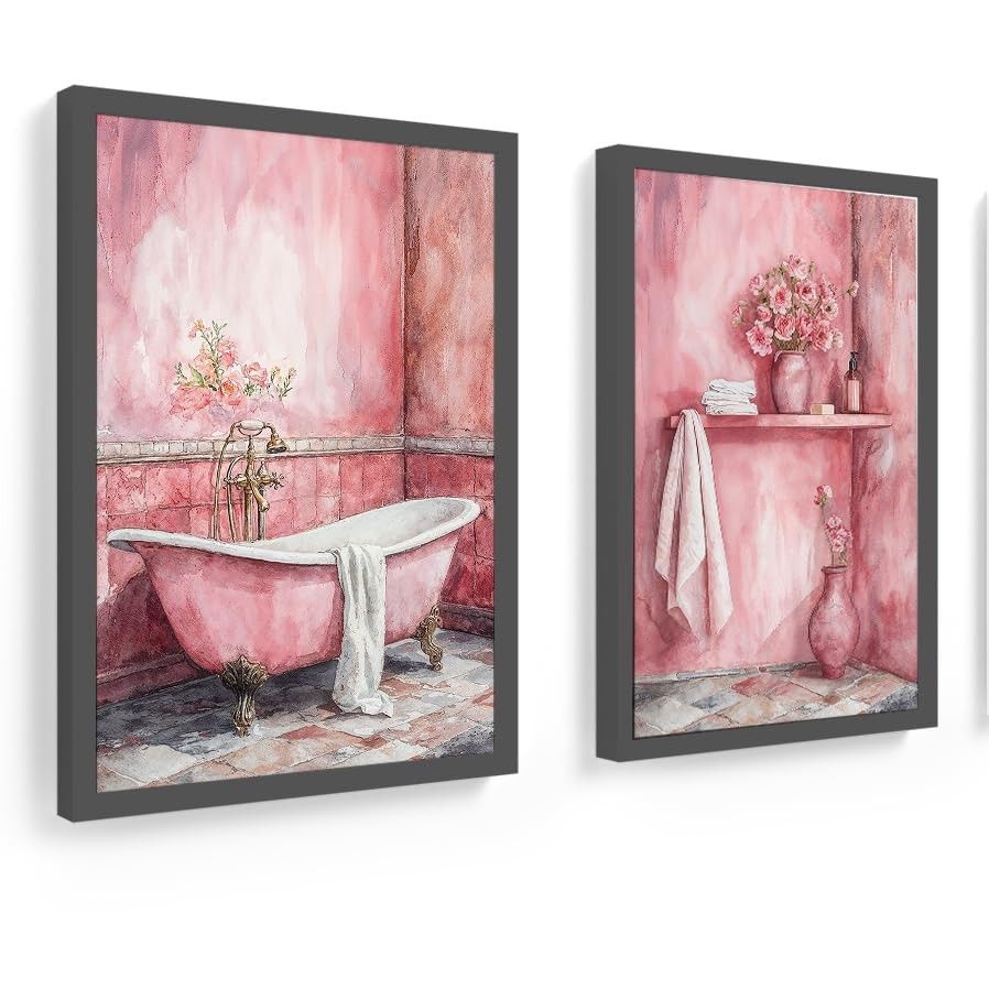 Kit 2 Quadros para Banheiro e Lavabo Vintage Antique Pink - Moldura Preta com Vidro
