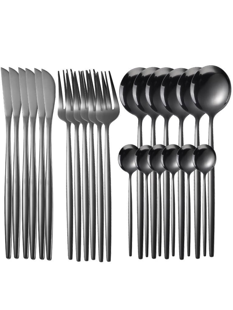 Kit 24 Peças Jogo de Talheres Preto Dourado em Aço Inoxidável – Elegância Moderna com Resistência Antiferrugem