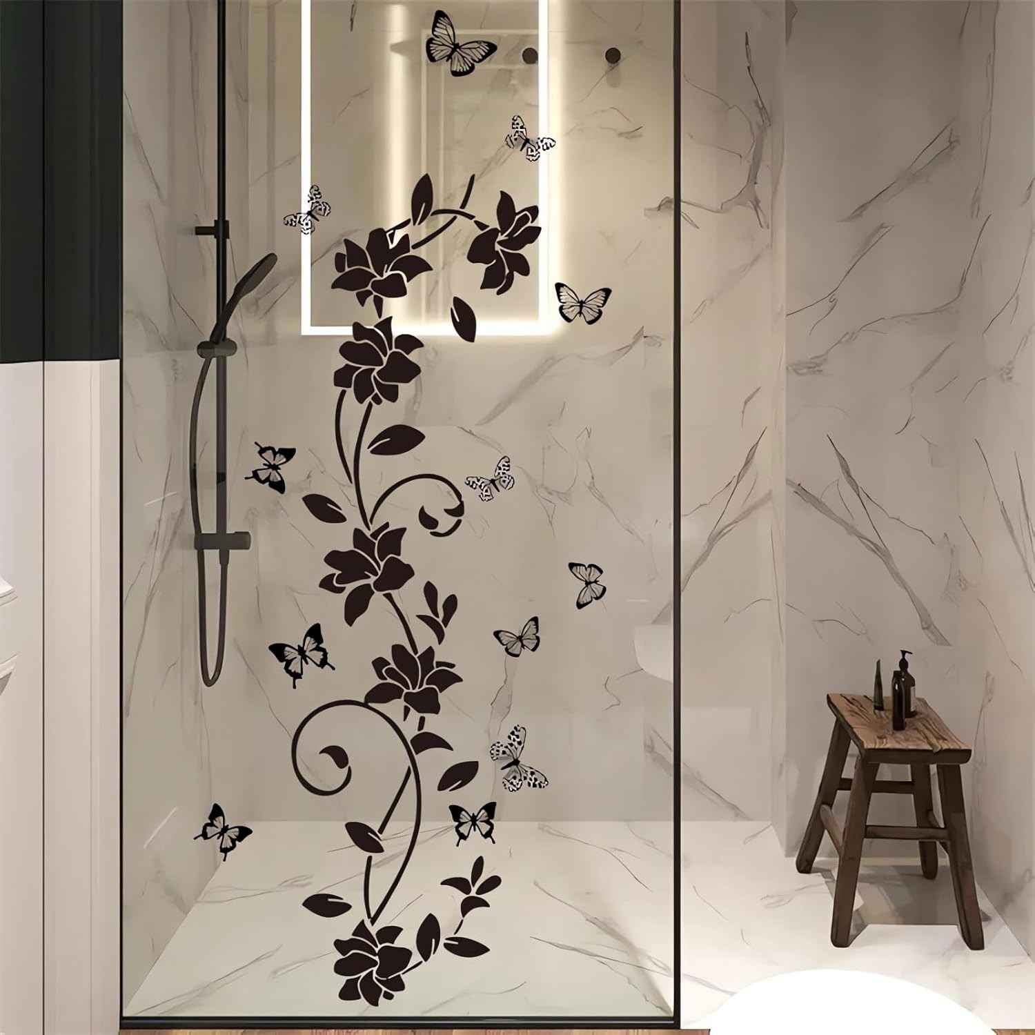 Adesivos de Parede de Borboleta e Flor Preto - Decalque de Arte Floral Removível para Decoração de Ambientes