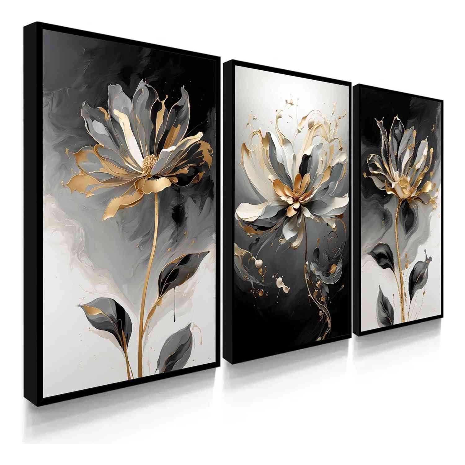 Kit 3 Quadros Decorativos Luxo Flor de Luz Ouro Preto - Sala e Hall Premium