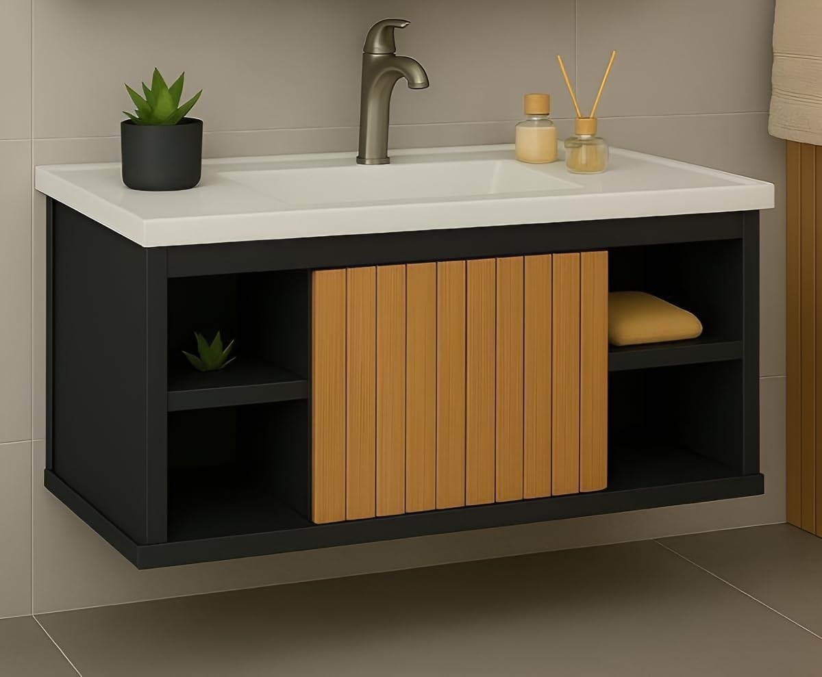 Gabinete com Cuba Suspensa para Banheiro com Nichos e Porta – Design Moderno em Preto Ripado