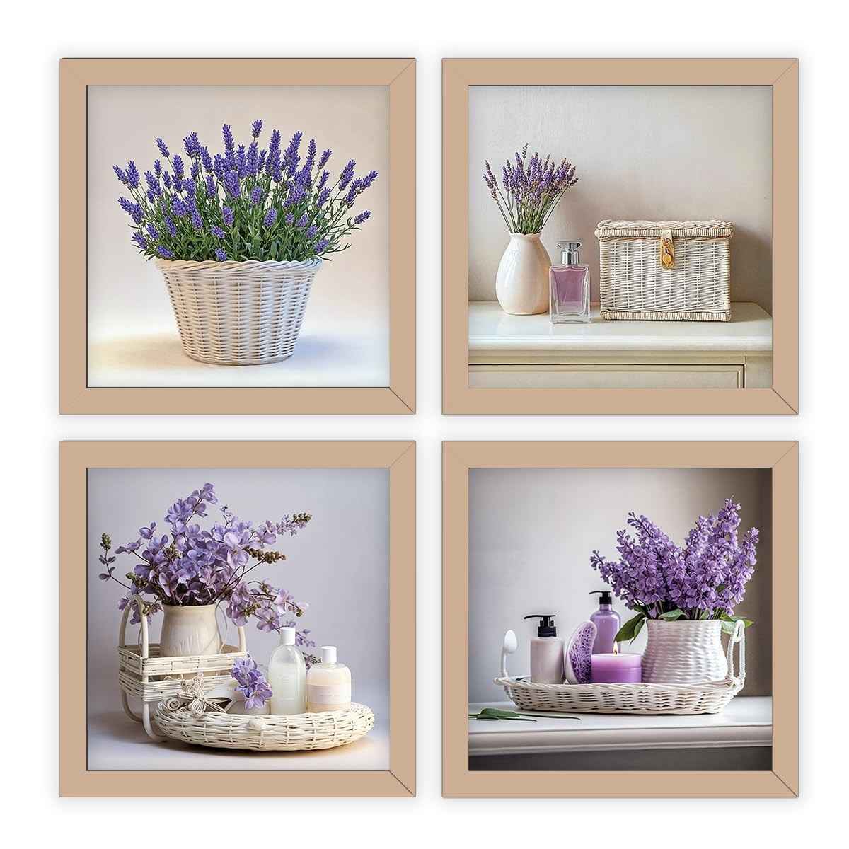 Kit 4 Quadros 18x18 cm com Moldura e Vidro - Decoração para Banheiro e Lavabo com Flores Lilás (Preto)
