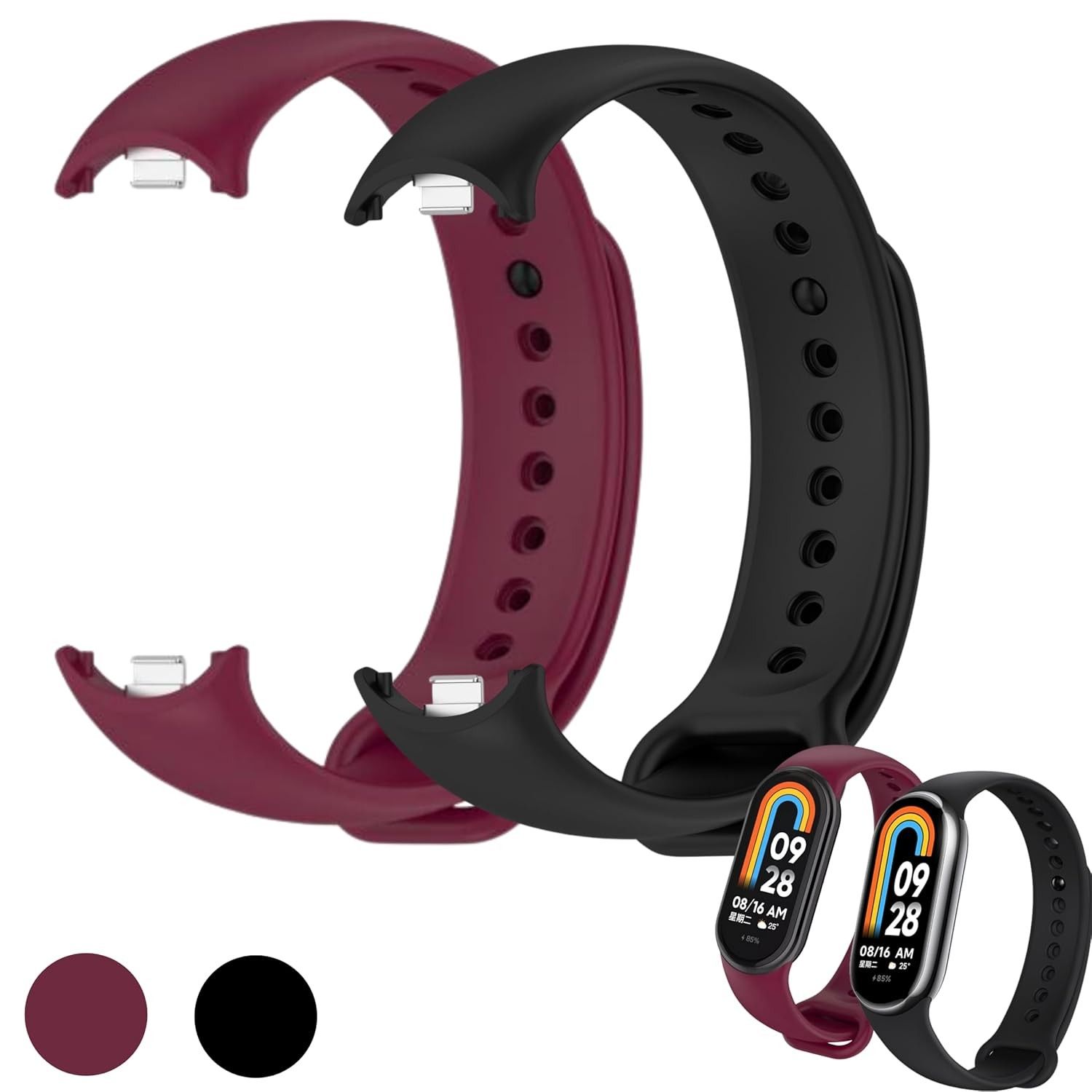 kIT 2 Pulseira para MI Band 8 Preto e Vinho Marsala Bracelete em Silicone TPU Regulavel Macia Confortavel e Regulagem para Vários Tamanhos