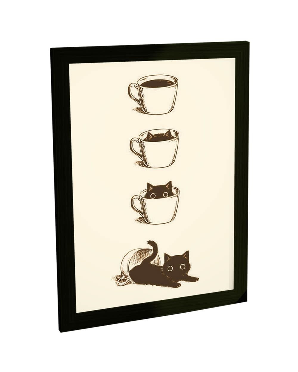Quadro Decorativo A3 Gato Preto e Café - Ilustração Engraçada com Moldura