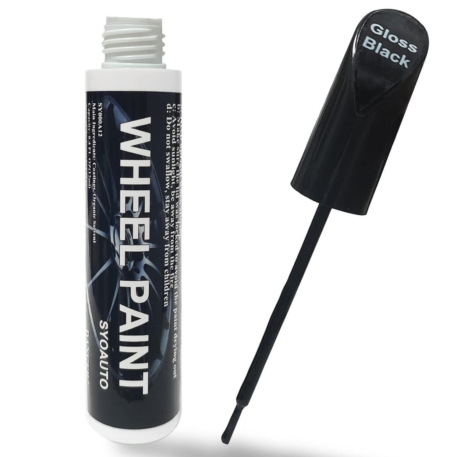 SYOAUTO Tinta de retoque de aro preto brilhante, caneta de retoque de reparo de arranhões na roda de carro, tinta de roda de aro de cor universal (preto brilhante)
