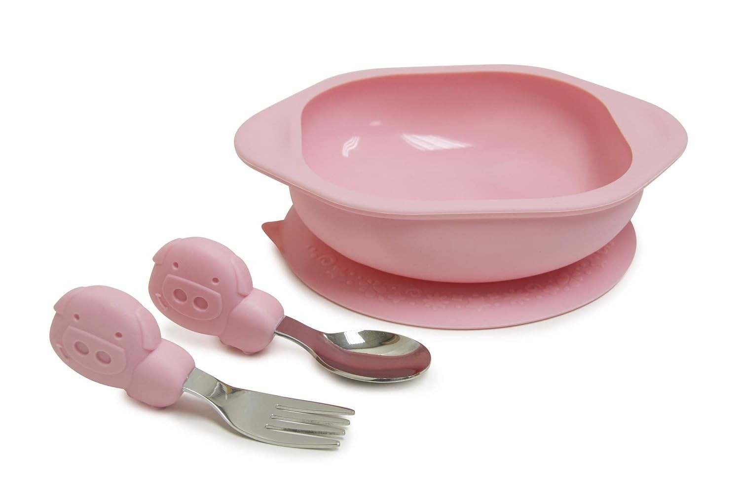 Kit Tigela com Sucção + Colher e Garfo Infantil Rosa - Primeiros Passos na Alimentação Autônoma