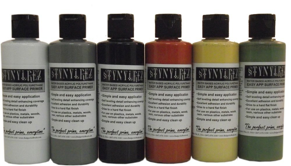 BADGER SNR-416 Stynylrez Airbrush Primer pacote com 6 tons, 120 ml, branco, cinza, preto, vermelho, marrom, verde-oliva, neutro
