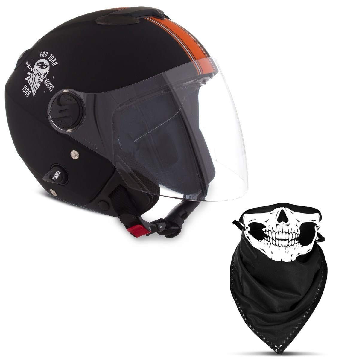 Capacete Aberto Pro Tork New Atomic Skull Riders Preto/Laranja Fosco - Segurança e Estilo para Sua Pilotagem