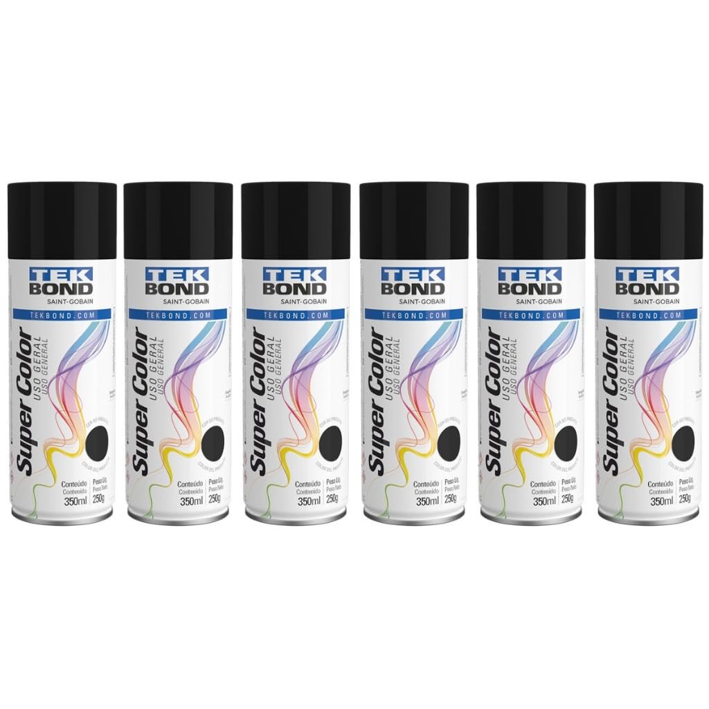 Kit 6 Tintas Spray Preto Fosco TekBond 350ml - Acabamento Profissional para Metais, Madeira e Artesanato