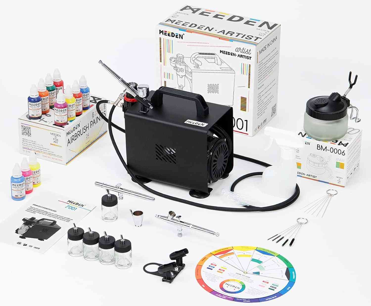 MEEDEN Kit Aerógrafo Profissional com Compressor Silencioso 1/5 HP + 3 Pistolas e Tintas Acrílicas 24 Cores